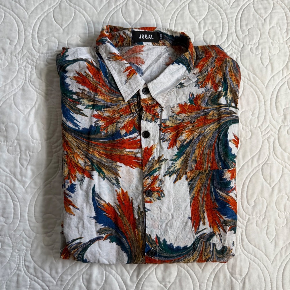 JOGAL Mens 3XL Short Sleeve Button Down Shirt Abstract Feather Print White Multi